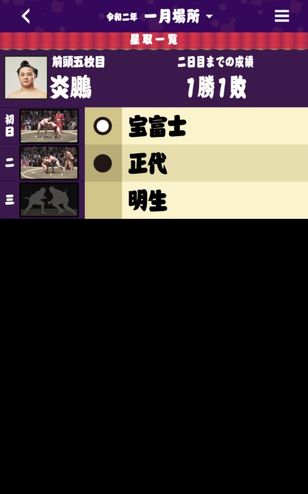 力士の取り組み結果などをまとめて表示