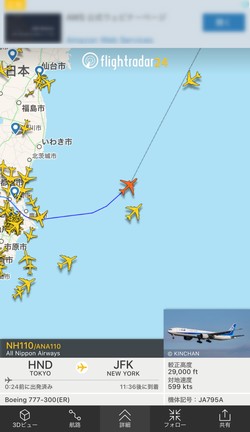 特定の飛行機の経路も分かる